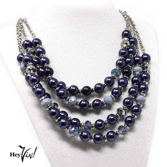 Vintage 4 Strand Bead Necklace - Silver Blue Beads w Silver Chain - 22" -Hey Viv - Picture 4 of 5